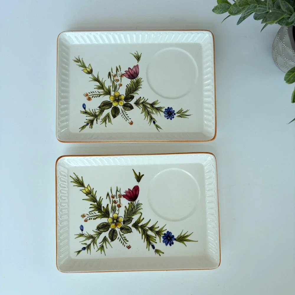 Vintage Floral Ceramic Snack Trays Set of 2 Hand Painted Wildflower Tea Plates